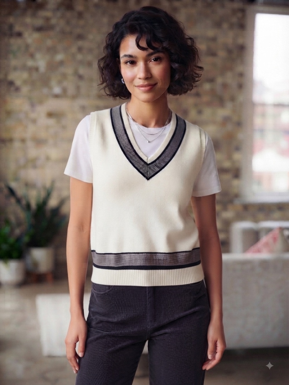 Lulu's Cream V-Neck Sweater Vest with Gray and Black Trim